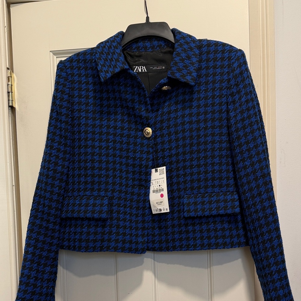 Zara Women's Black and Blue Houndstooth Blazer